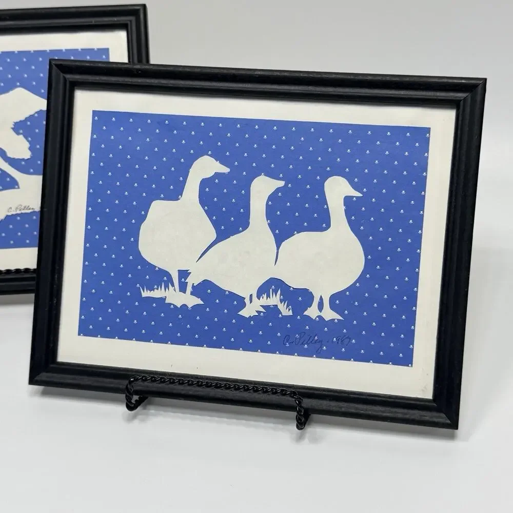 2 Small Vtg 80s Country Geese Framed Wall Art Blue White Silhouette Cottagecore